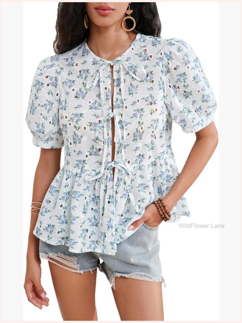 Floral Print Bow Tie Front Blouse Puff Short Sleeve Peplum Babydoll